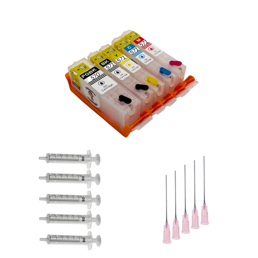Refillable Katie's Edible Ink PGI-570BK / CLI-571 PGBK/BK/C/M/Y Ink Cartridges (570xl / 571xl) Compatible With Canon Printer Full Set With Needles Chipped Ready To Use