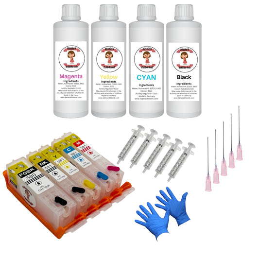Refillable Katie's Edible PGI-580BK / CLI-581 BK/C/M/Y Ink Cartridges (580xl / 581xl) Compatible With Canon TS705 Printer Full Set With Auto Reset Chips
