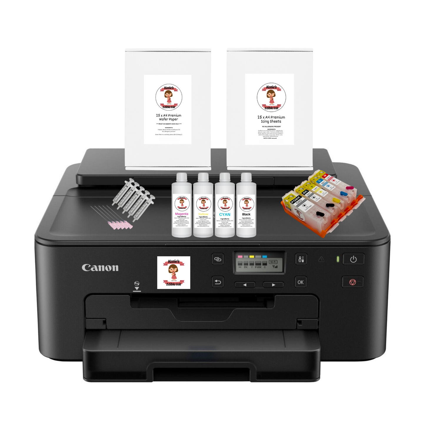 Katie's Edible Ink Newest Model Canon Printer- Canon TS705A WiFi Printer - Super Clear Print Quality - Edible Ink Cartridges Included - 25 Sheets Of Premium Icing Sheets & Wafer Paper Included