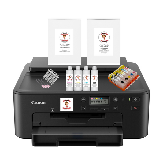 Katie's Edible Ink Newest Model Canon Printer- Canon TS705A WiFi Printer - Super Clear Print Quality - Edible Ink Cartridges Included - 25 Sheets Of Premium Icing Sheets & Wafer Paper Included