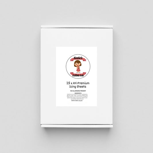 Katie’s Edible Ink Icing Sheets – 25 Plain White Premium Quality A4 Sheets -1220g – Edible Paper for Printing